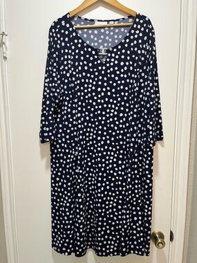 Susan Graver Liquid Knit Blue & White Polka Dot Print Dress Sz 2X Career
